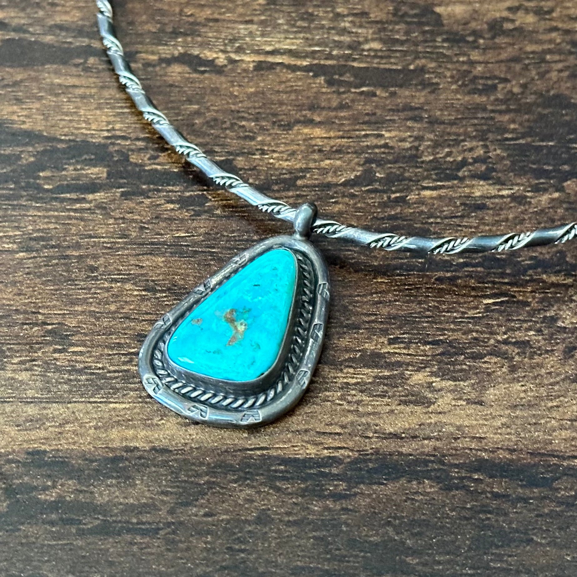 Turquoise Sterling Hand Stamped Twist Wire Pendant Choker