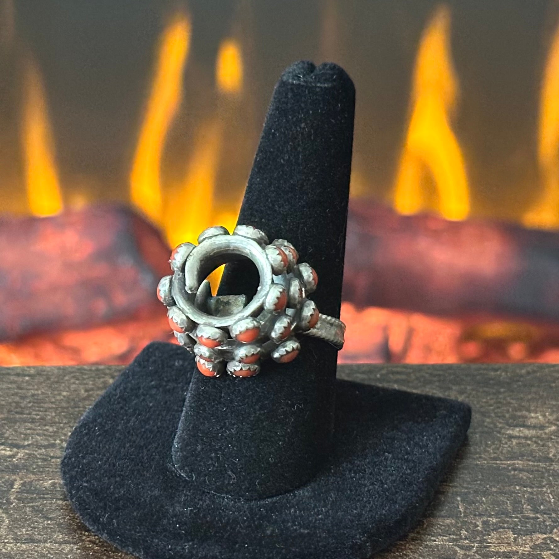Vintage Red Coral 30 Stone Spiral Snake Eye Spiral Ring