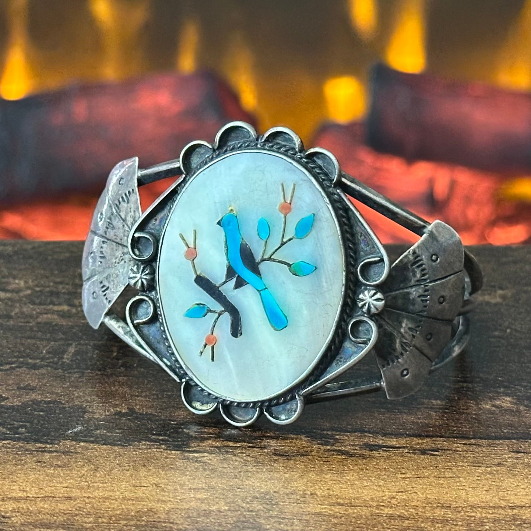 Vintage BB Signed Mother of Pearl Turquoise Sterling Blue Bird Inlay Statement Cuff