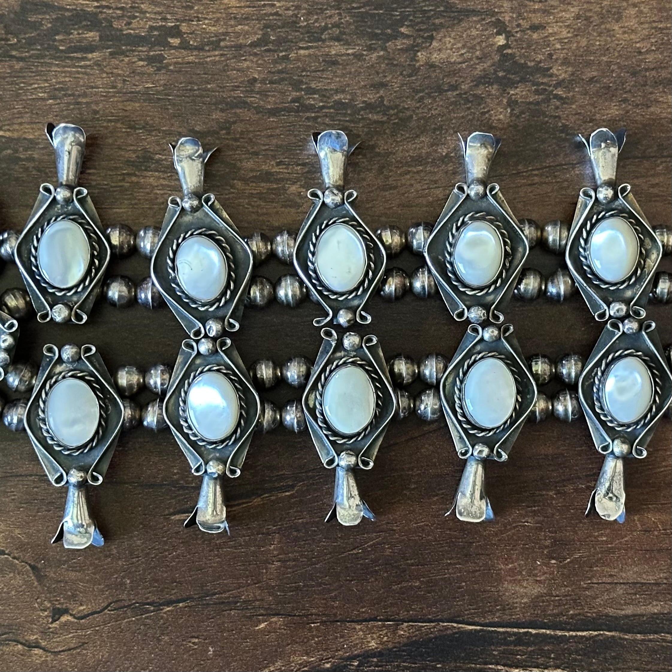 Vintage Mother of Pearl 17 Stone Sterling Twist Wire Raindrop Squash Blossom