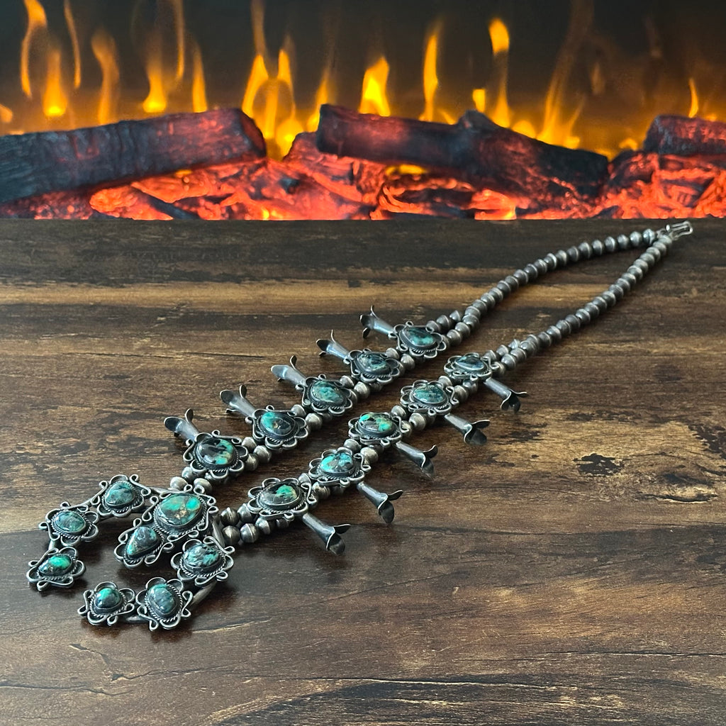 Vintage Green Turquoise 18 Stone Sterling Floral Twist Wire Bezel Squash Blossom