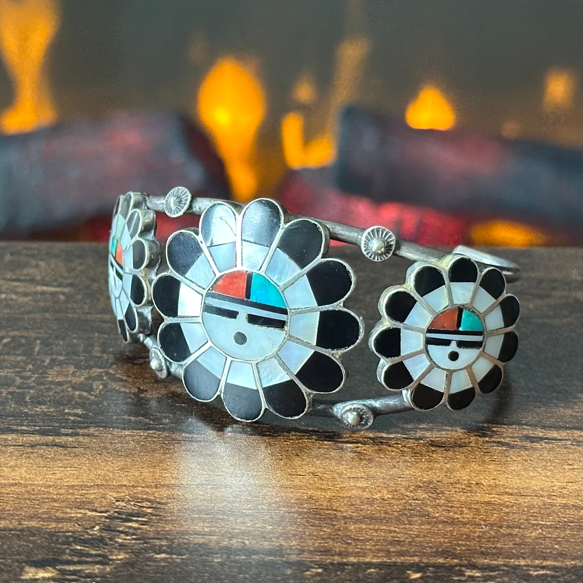 Vintage Zuni Morris Laahte Turquoise Red Coral MOP Jet Sterling Sunface Inlay Cuff