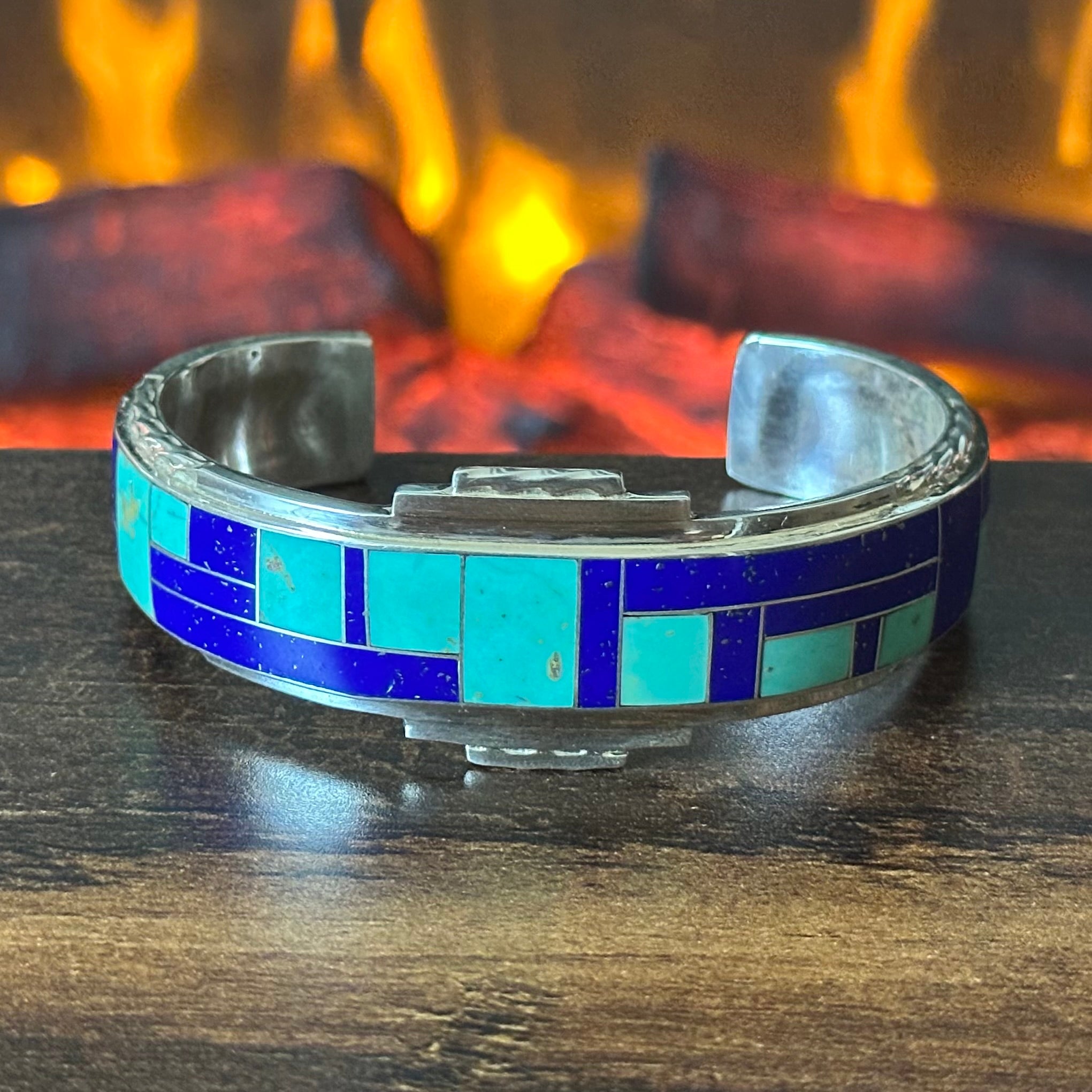 Zuni Rickell & Glendora Booqua Turquoise Lapis Sterling Wraparound Inlay Cuff