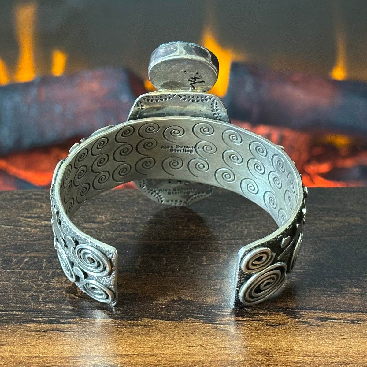 Navajo Alex Sanchez Webbed Turquoise Sterling Petroglyph Hand Stamped Statement Cuff