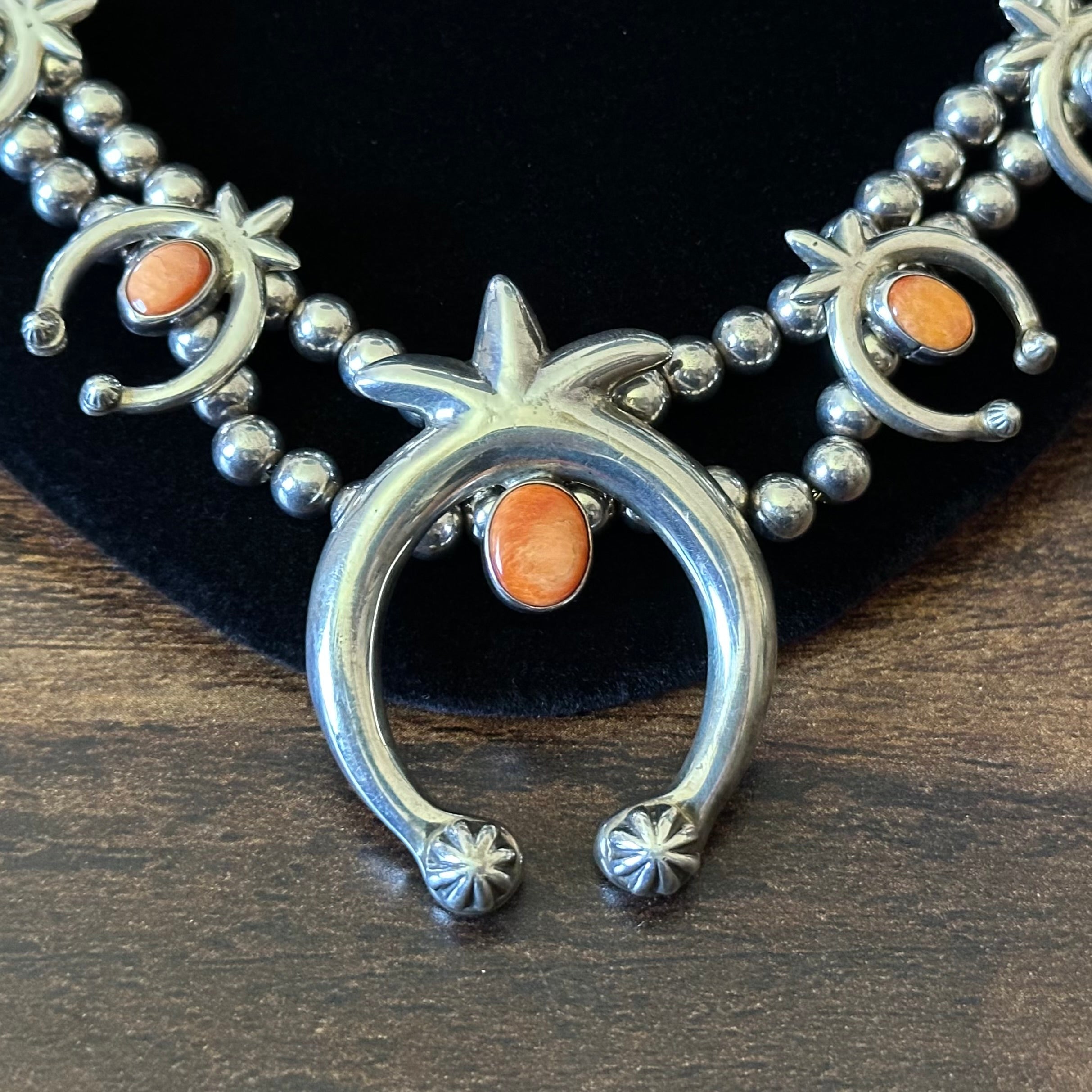 Navajo Steve Francisco Orange Spiny Oyster 9 Stone Sterling Naja Necklace