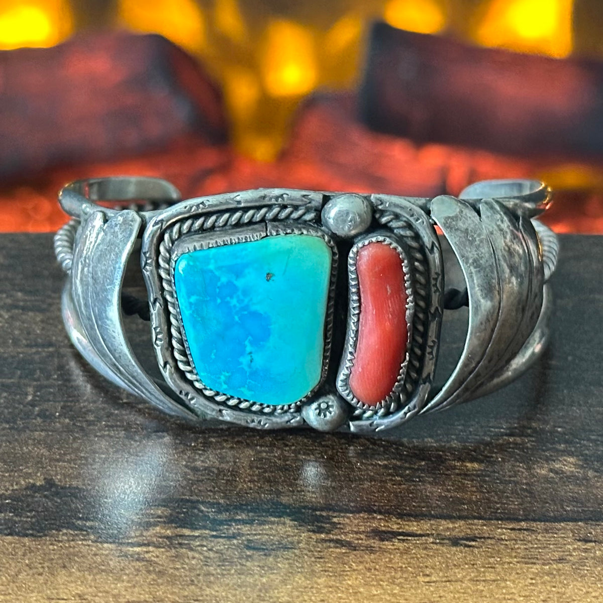 Vintage Turquoise Red Coral Sterling Hand Stamped Twist Wire Cuff