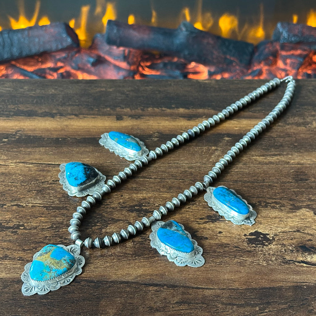 Pueblo Jacob Troncosa Turquoise 5 Stone Sterling Hand Stamped Pendant Station Necklace
