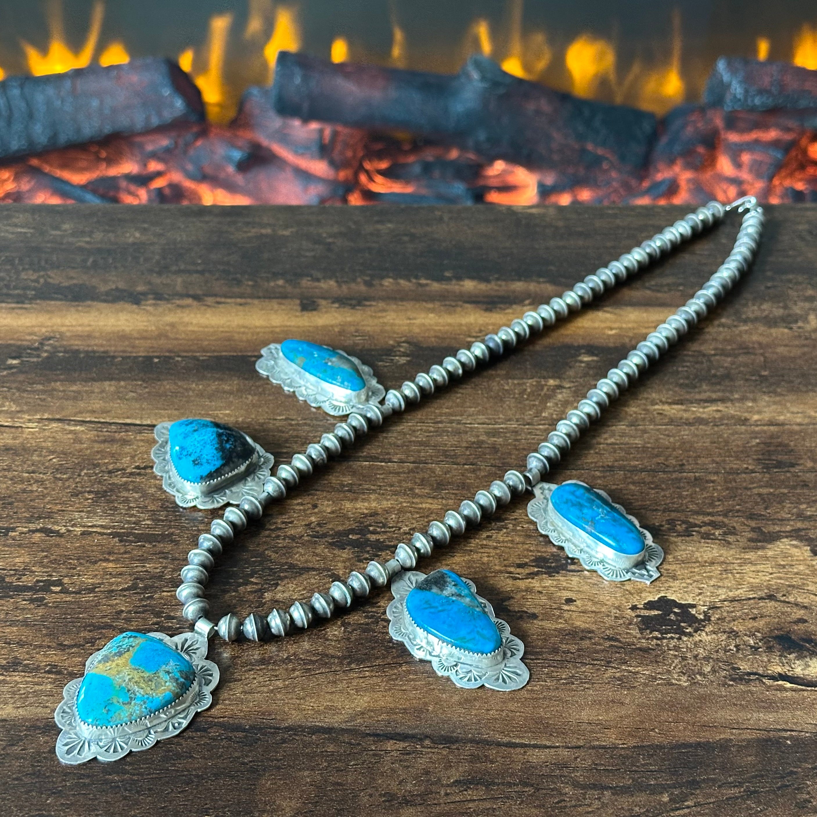 Pueblo Jacob Troncosa Turquoise 5 Stone Sterling Hand Stamped Pendant Station Necklace