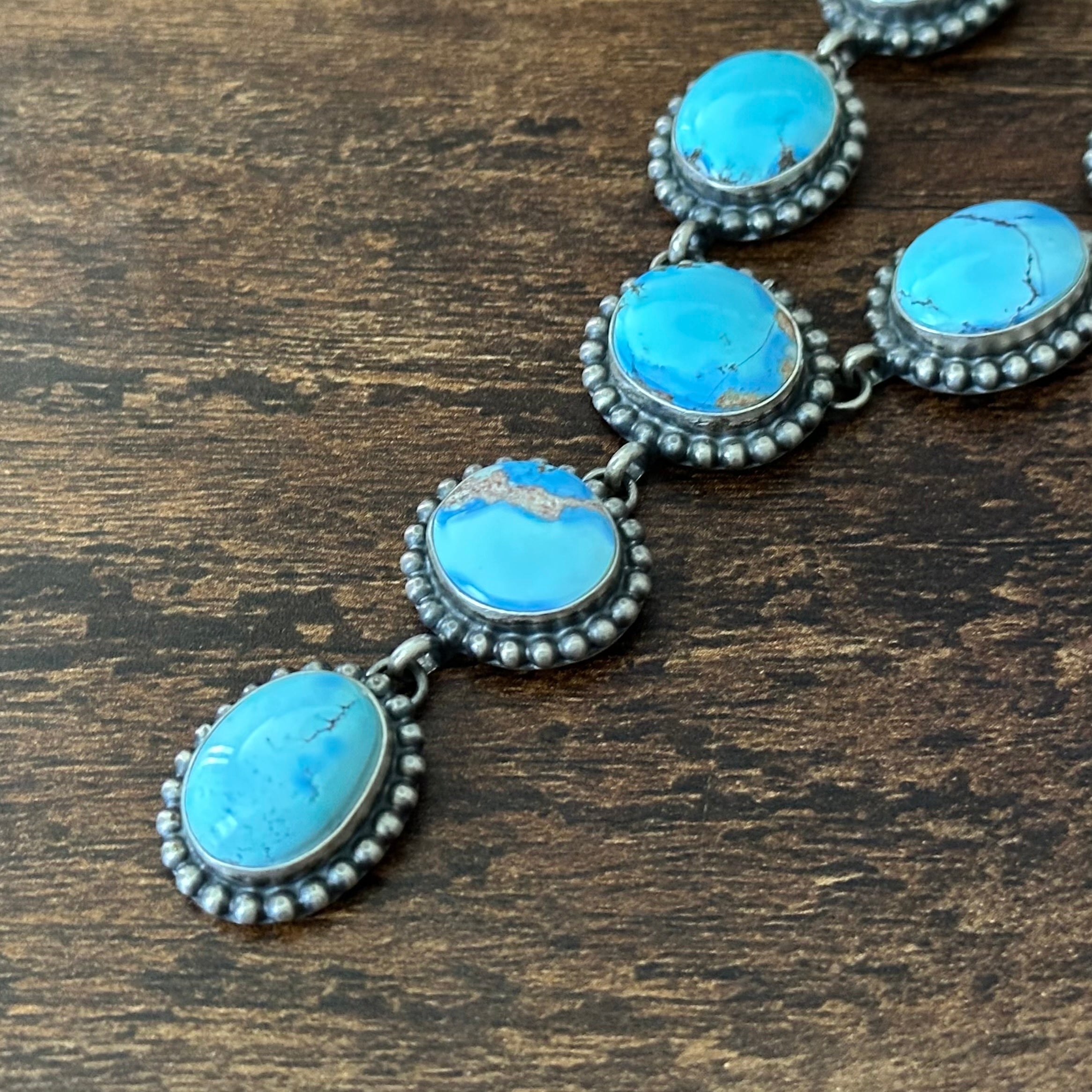 Navajo Mary Spencer Golden Hills Turquoise 7 Stone Sterling Lariat Necklace