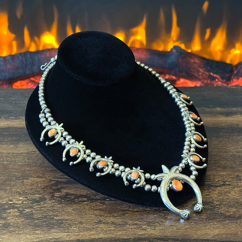 Navajo Steve Francisco Orange Spiny Oyster 9 Stone Sterling Naja Necklace