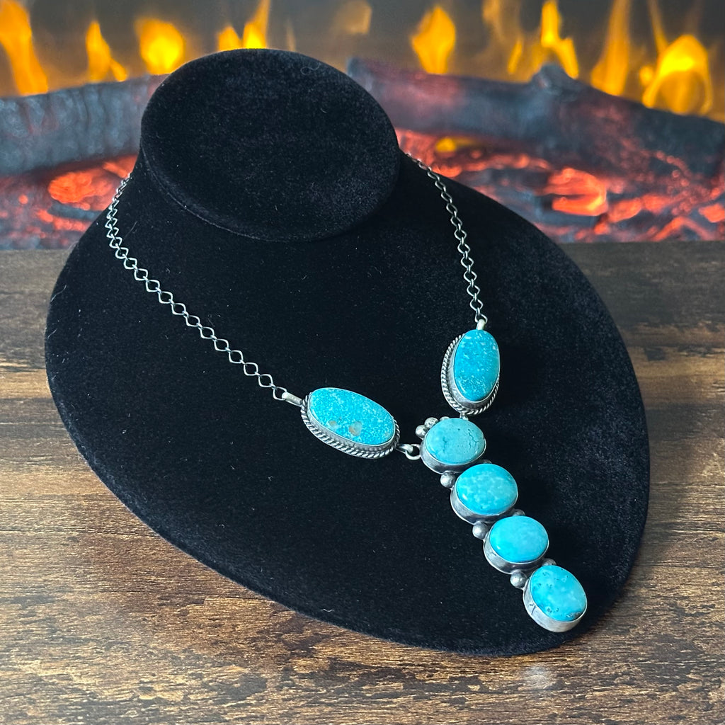 Navajo Eli Skeets Turquoise 6 Stone Sterling Raindrop Lariat Necklace