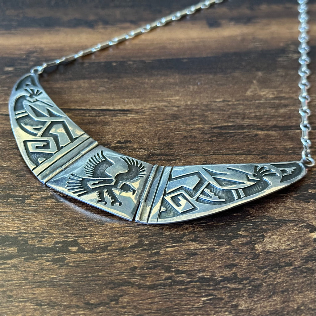 LD Signed Sterling Overlay Kokopelli Eagle Hinged Necklace