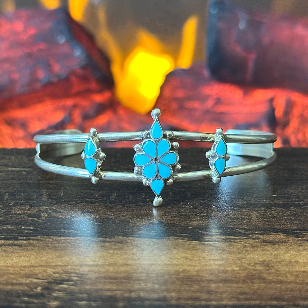 Turquoise Sterling Floral Inlay Raindrop Cuff