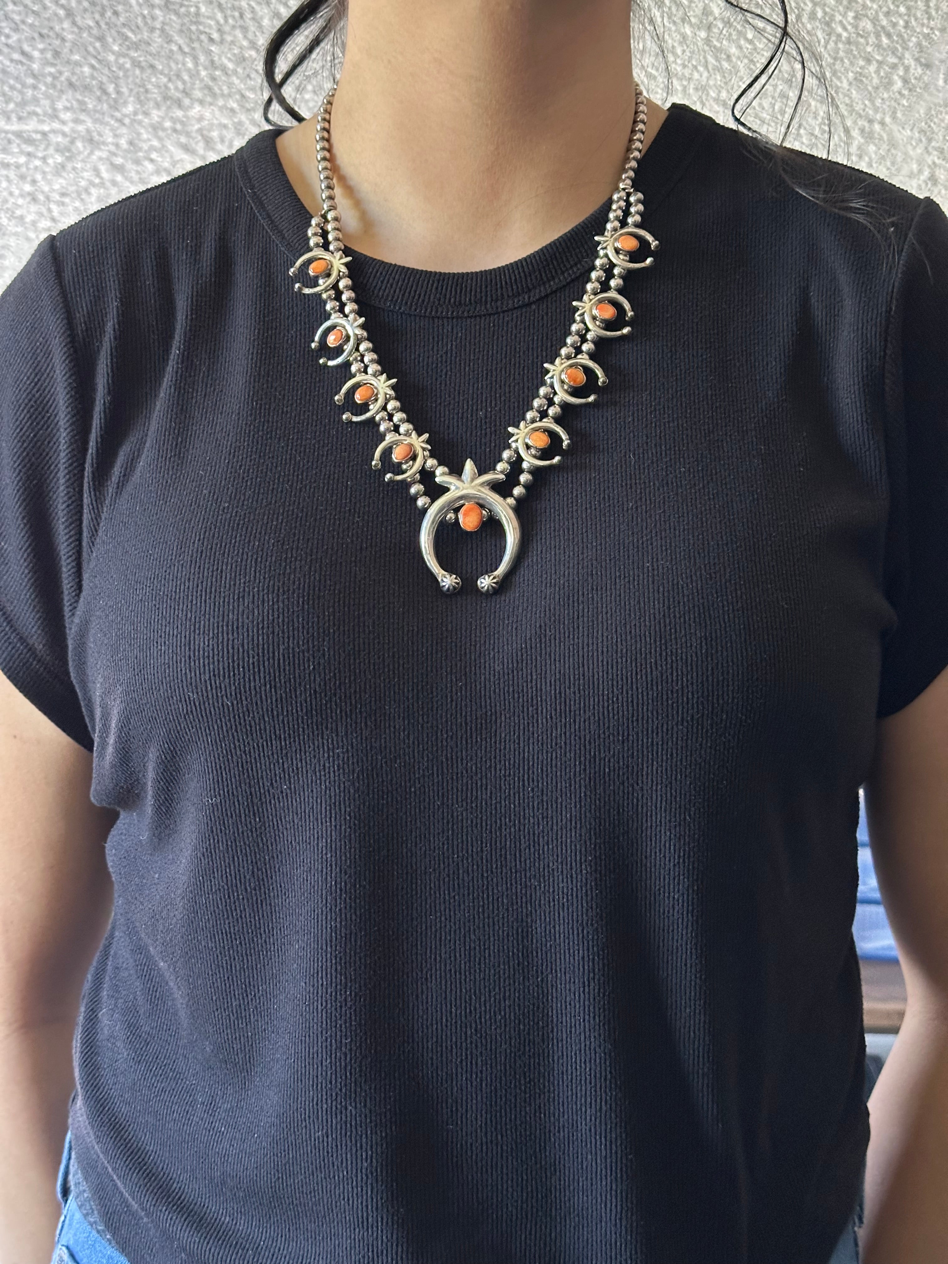 Navajo Steve Francisco Orange Spiny Oyster 9 Stone Sterling Naja Necklace