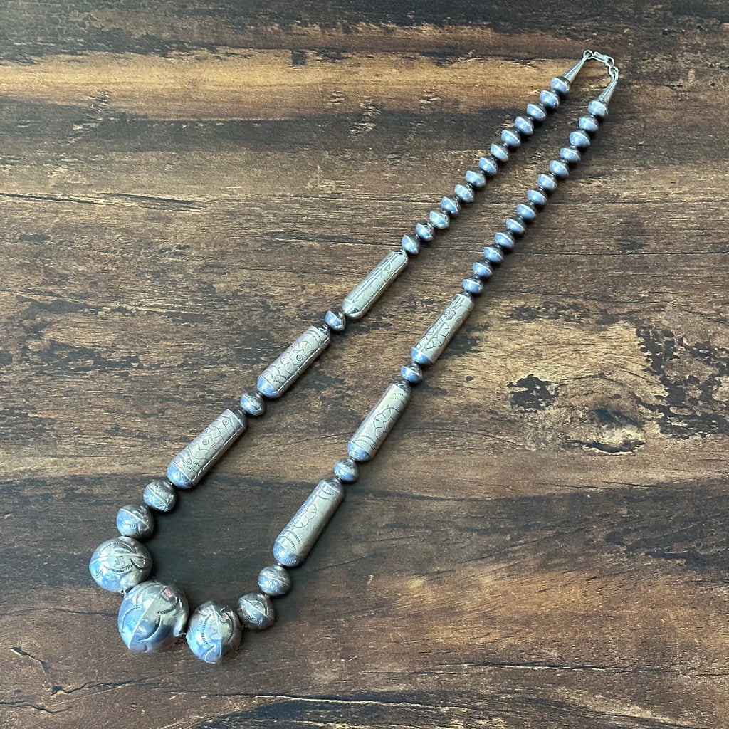 Sterling Handmade Graduated Cylinder Bead Stamped Floral Necklace