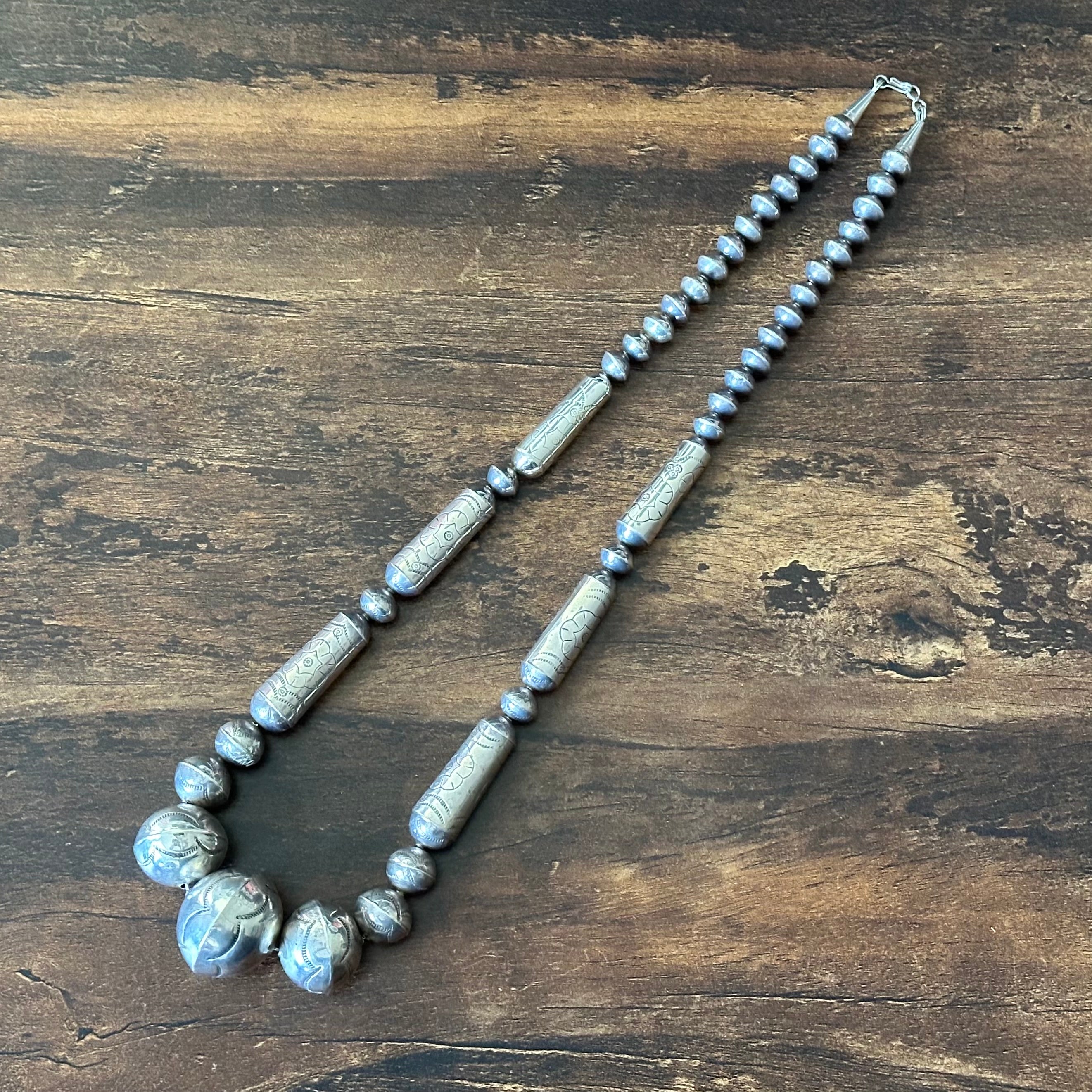 Sterling Handmade Graduated Cylinder Bead Stamped Floral Necklace
