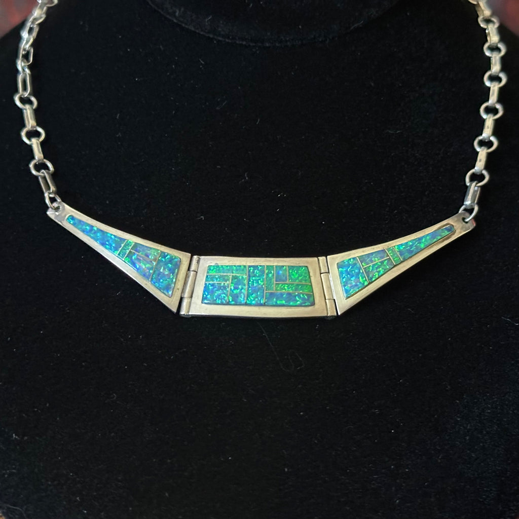 Navajo John Nelson Green Opal Sterling Hinged Inlay Necklace