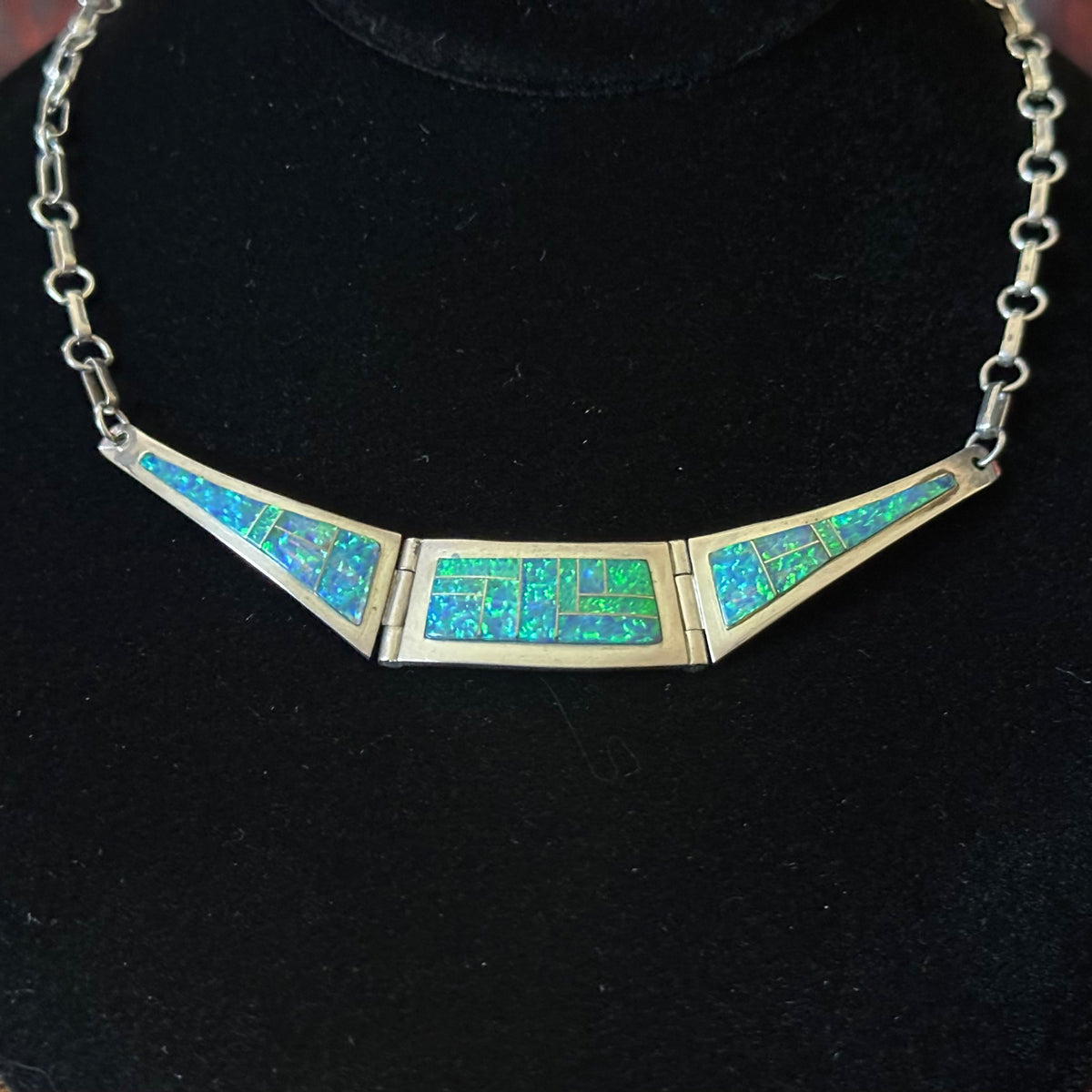 Navajo John Nelson Green Opal Sterling Hinged Inlay Necklace