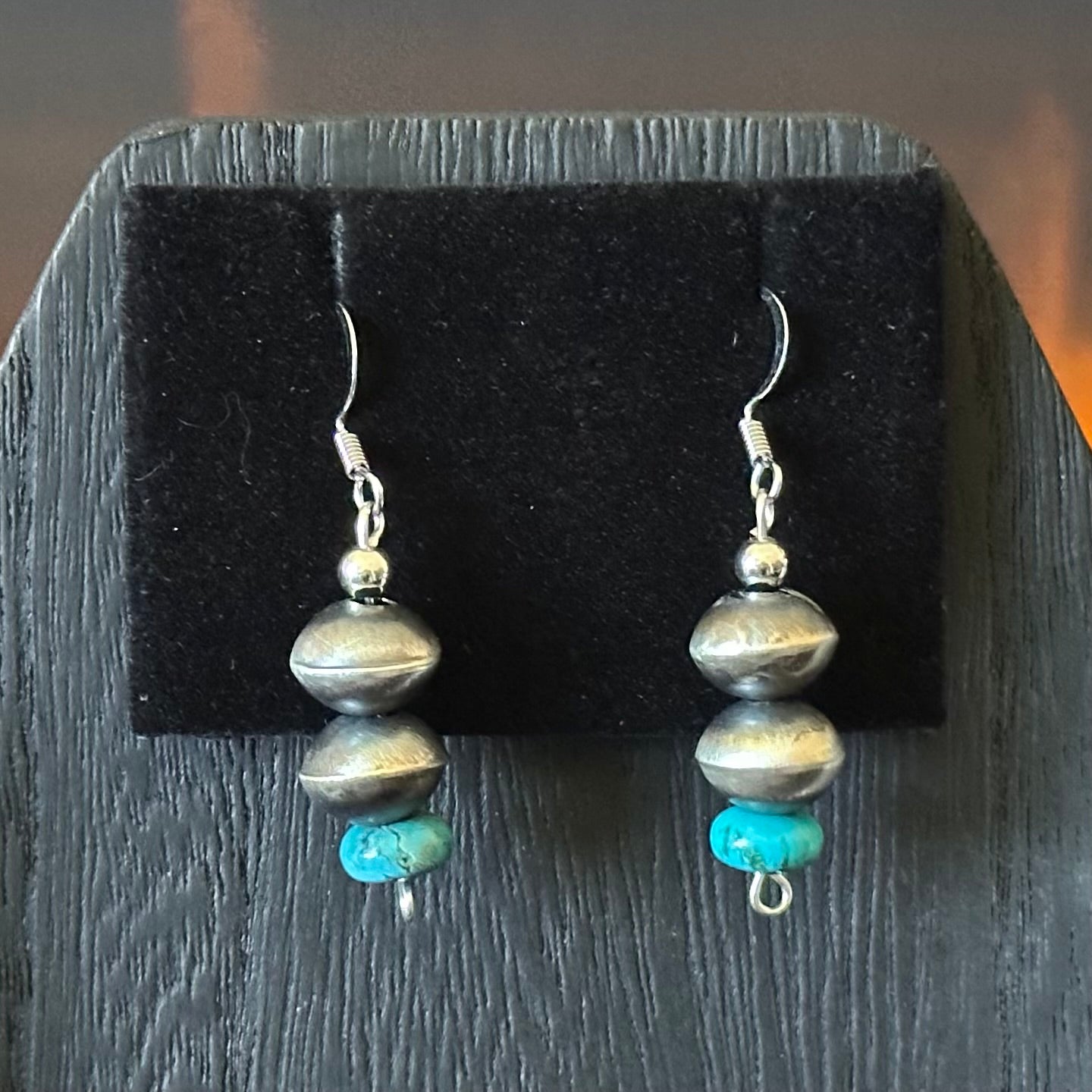 Navajo Tysha Aparicio Turquoise Sterling Handmade Rectangular Bead Stamped Necklace Earrings Set