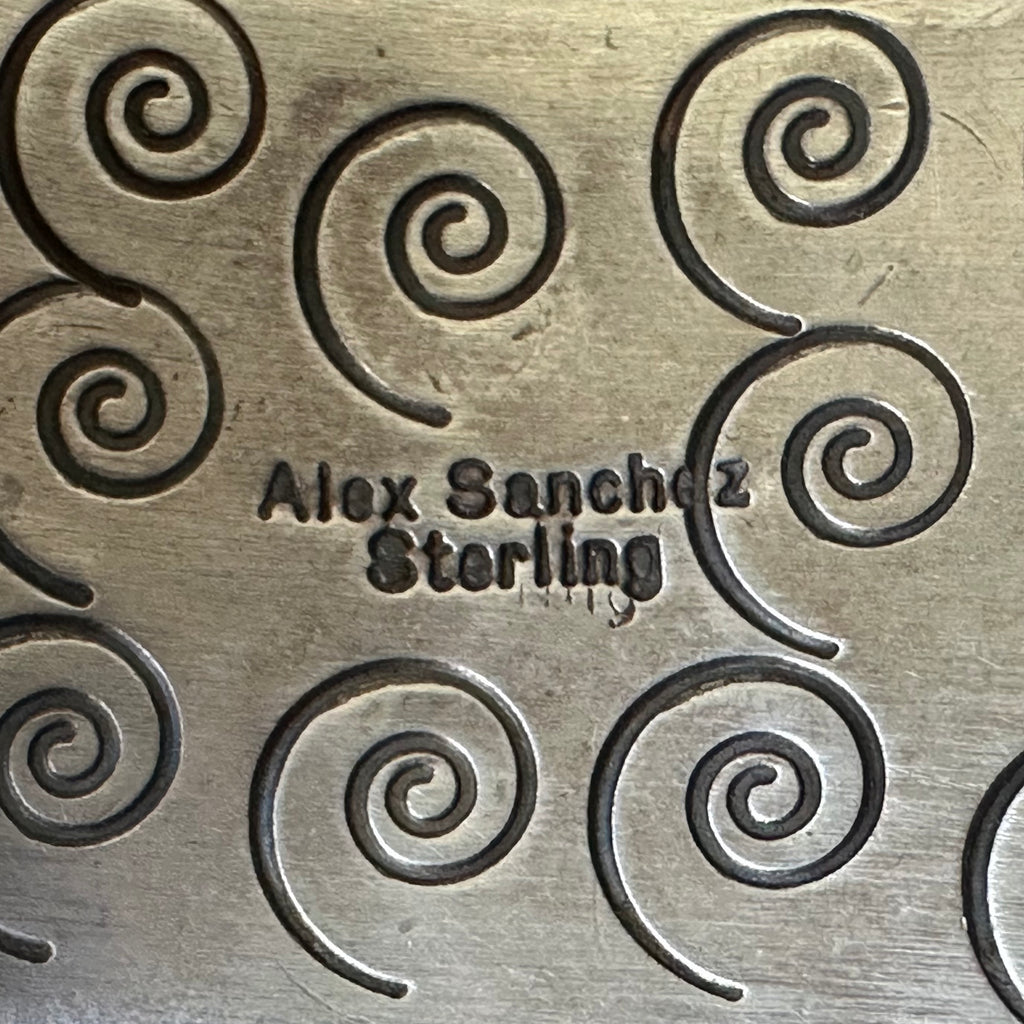 Navajo Alex Sanchez Webbed Turquoise Sterling Petroglyph Hand Stamped Statement Cuff
