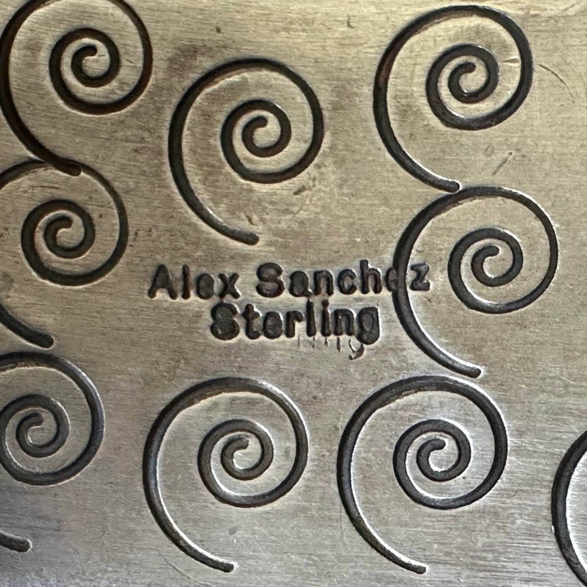 Navajo Alex Sanchez Webbed Turquoise Sterling Petroglyph Hand Stamped Statement Cuff
