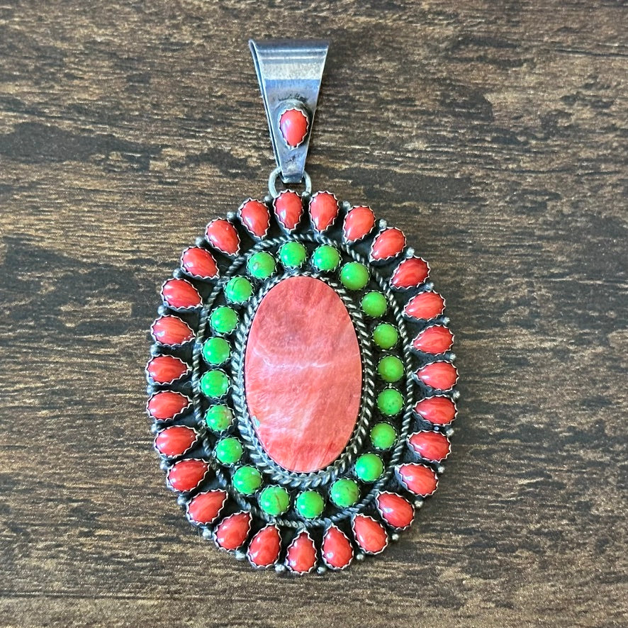 Navajo JW Toadlena Spiny Oyster Gaspeite Red Coral 49 Stone Sterling Cluster Pendant