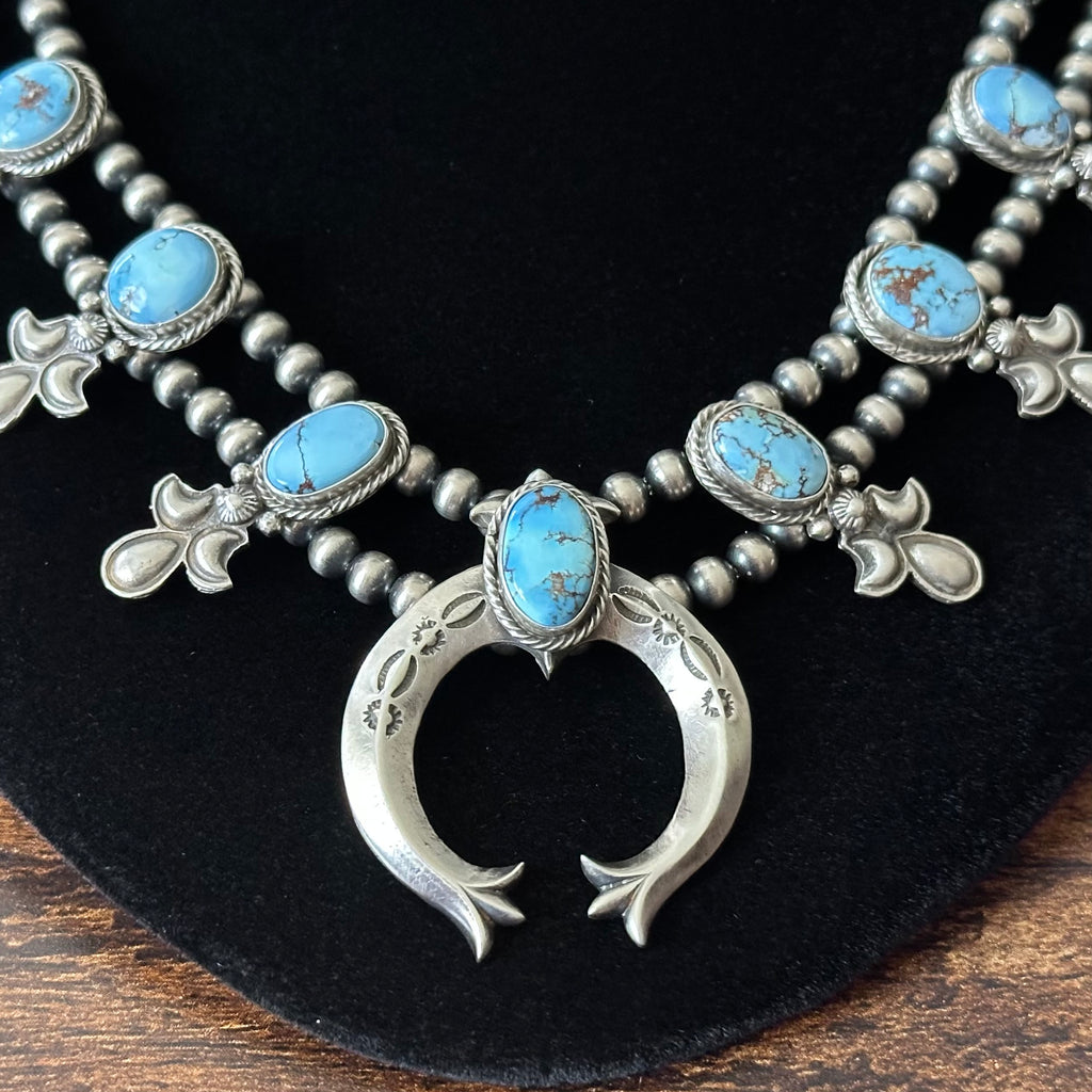 Navajo Adrienne Gordon Golden Hills Turquoise 9 Stone Sterling Hand Stamped Squash Blossom Necklace Earrings Set