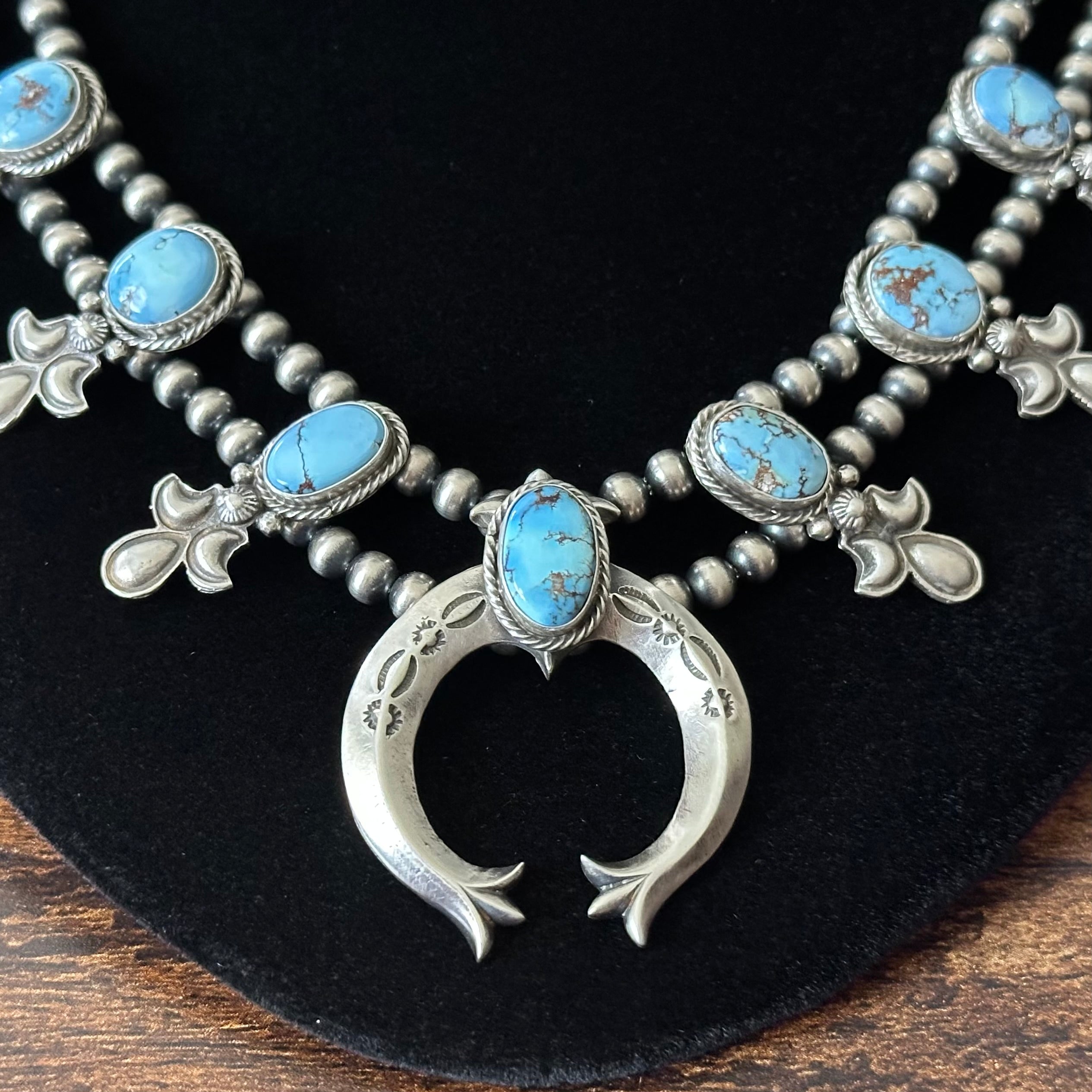 Navajo Adrienne Gordon Golden Hills Turquoise 9 Stone Sterling Hand Stamped Squash Blossom Necklace Earrings Set