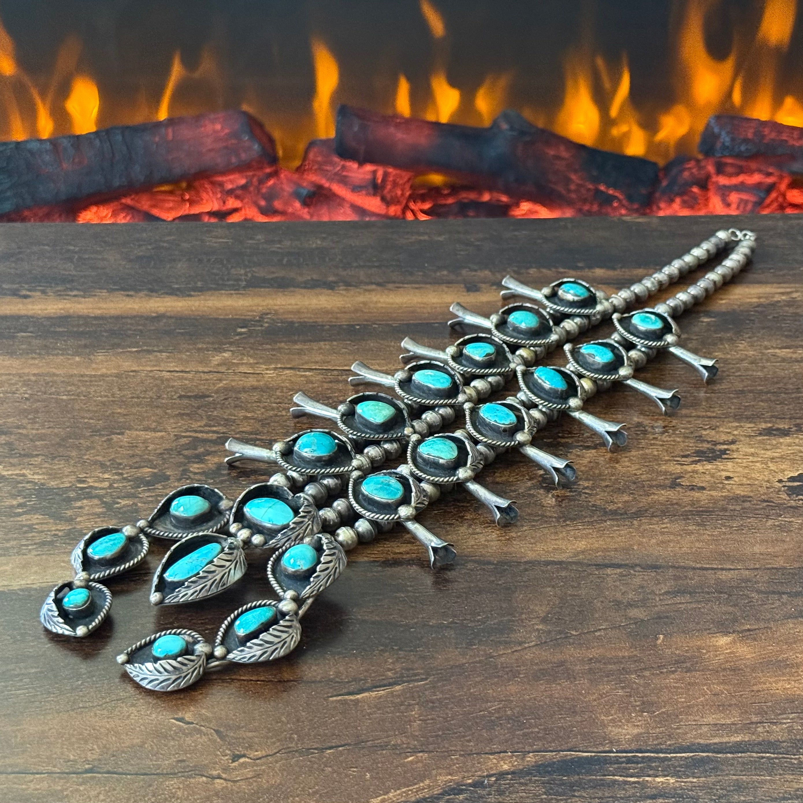 1970-80s Turquoise 20 Stone Sterling Leaf Shadowbox Squash Blossom