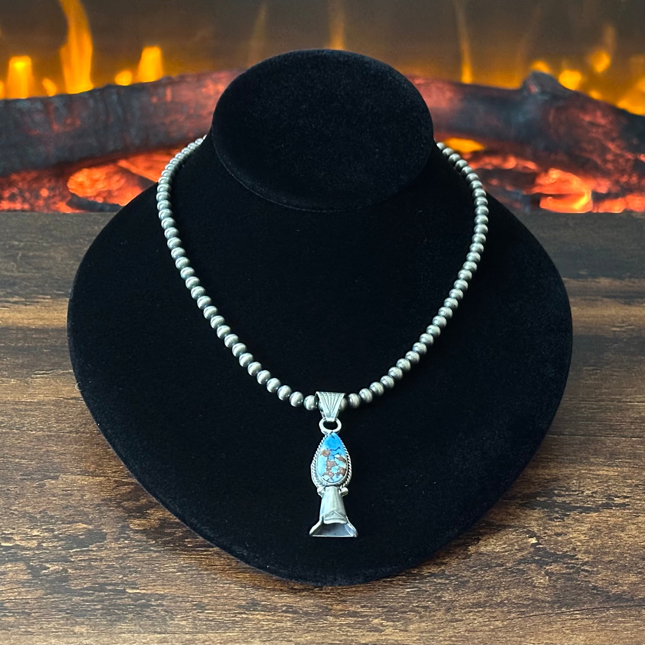 Navajo Sharon McCarthy Golden Hills Turquoise Sterling Blossom Pendant Necklace