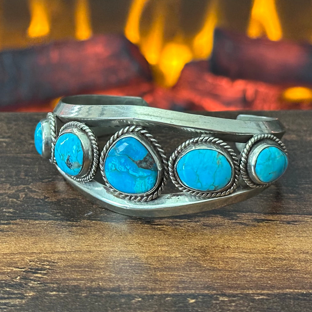 Navajo Norman Lee Turquoise 5 Stone Sterling Carinated Dual Shank Cuff