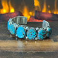Navajo Wilbert Musket Sr. Turquoise 7 Stone Sterling Raindrop Statement Cuff