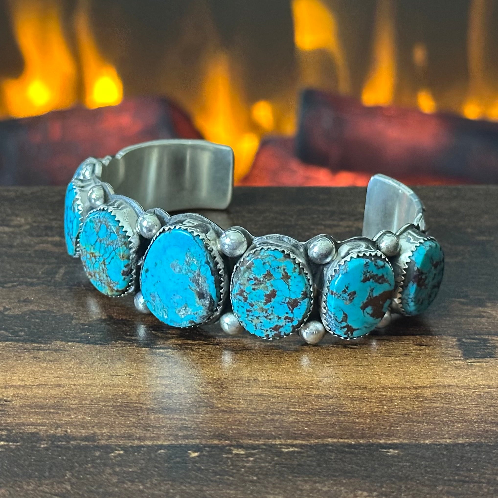 Navajo Wilbert Musket Sr. Turquoise 7 Stone Sterling Raindrop Statement Cuff