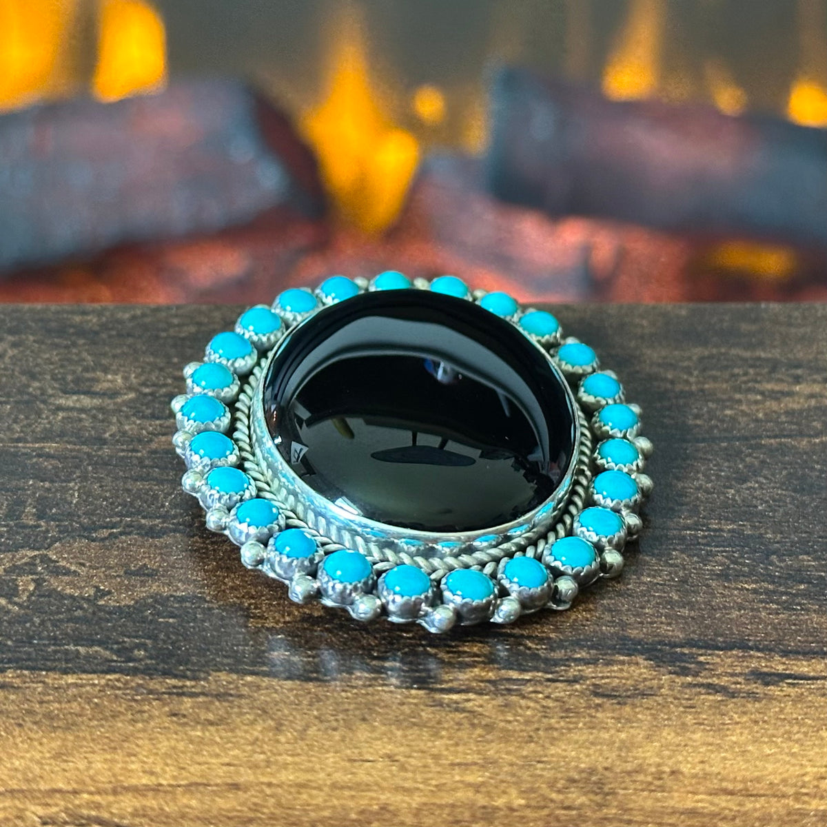 OD Signed Onyx Blue Turquoise 26 Stone Sterling Raindrop Cluster Pin/Pendant