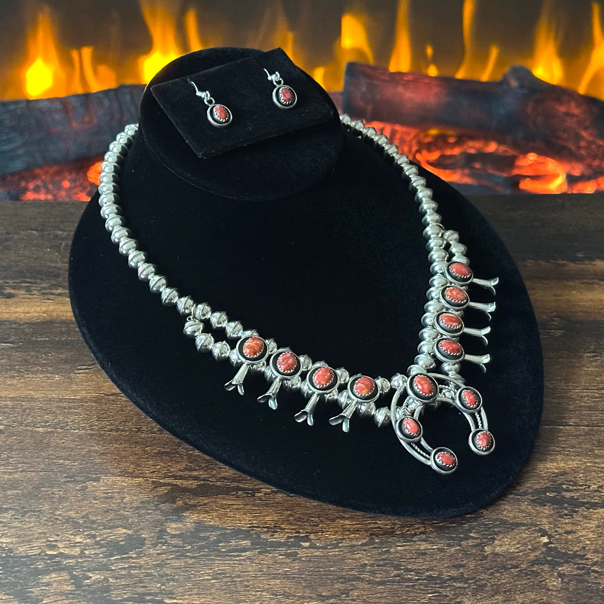 Navajo Phil & Lenora Garcia Red Spiny Oyster 13 Stone Sterling Squash Blossom Earrings Set