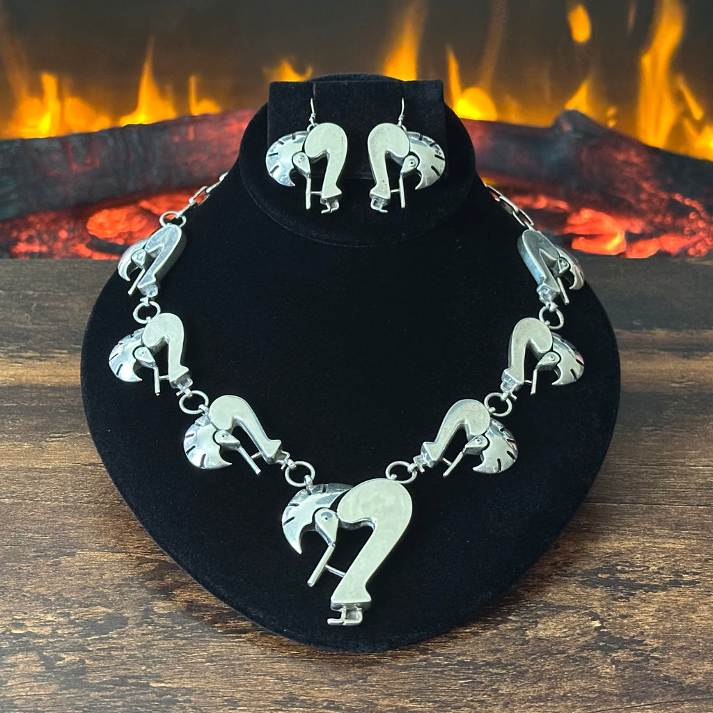 Navajo Walter Vandever Sterling Abstract Kokopelli Station Necklace Earrings Set