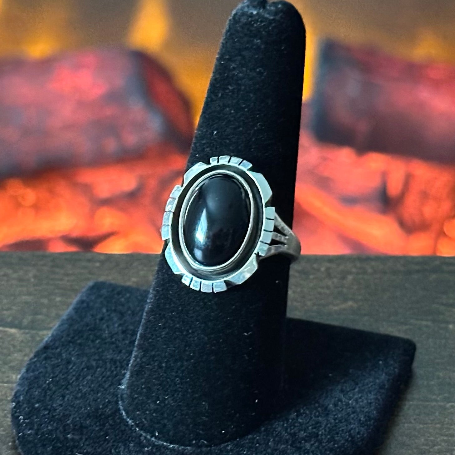 AB Signed Onyx Sterling Shadowbox Ring