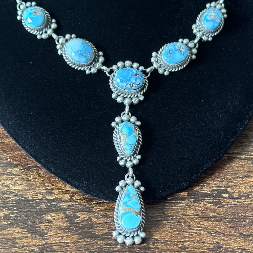 Navajo Mary Ann Spencer Golden Hills Turquoise 9 Stone Sterling Raindrop Lariat Necklace Earrings Set
