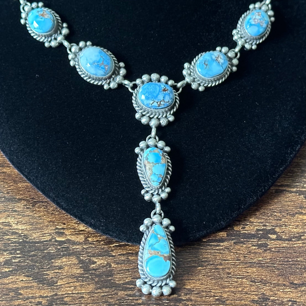 Navajo Mary Ann Spencer Golden Hills Turquoise 9 Stone Sterling Raindrop Lariat Necklace Earrings Set