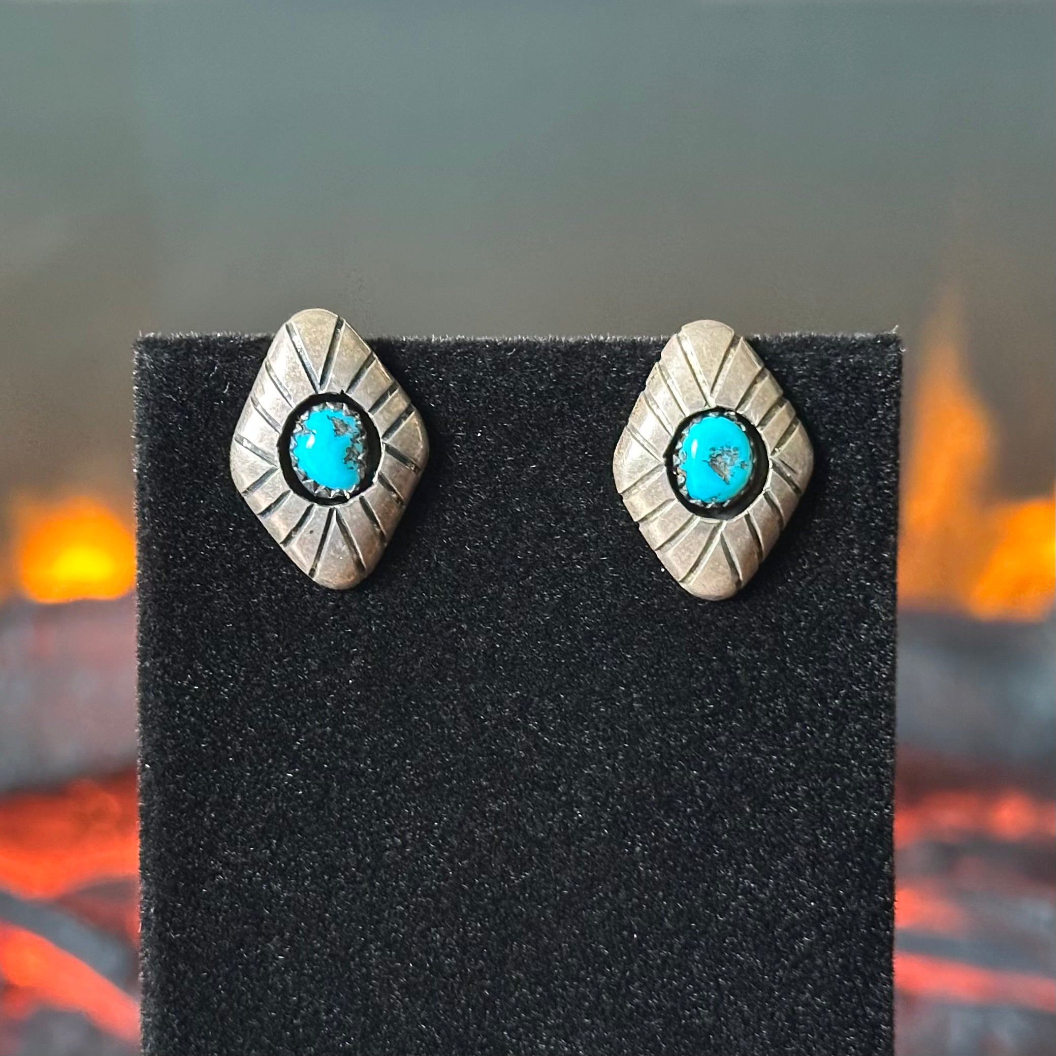 P Signed Turquoise Shadowbox Diamond Stud Earrings