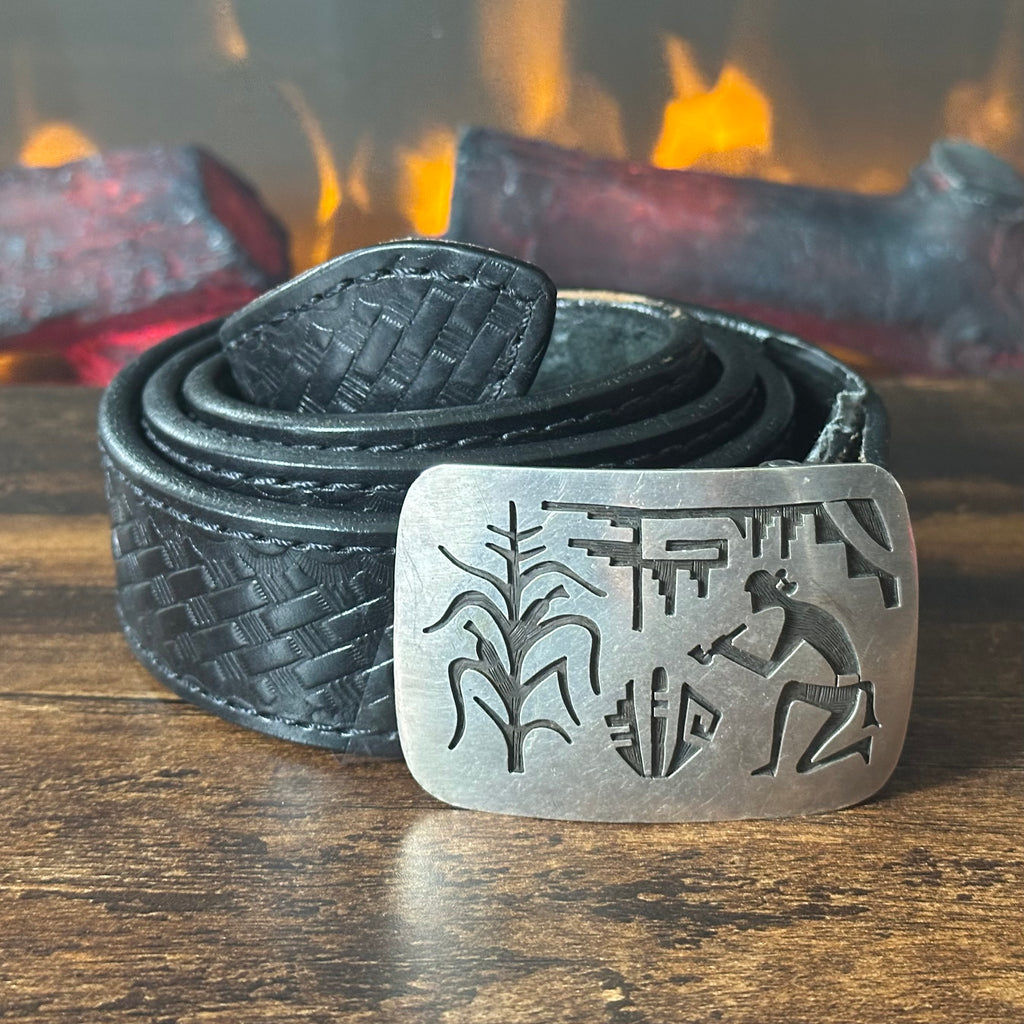 M Signed Sterling Overlay Storyteller Corn Leather Belt