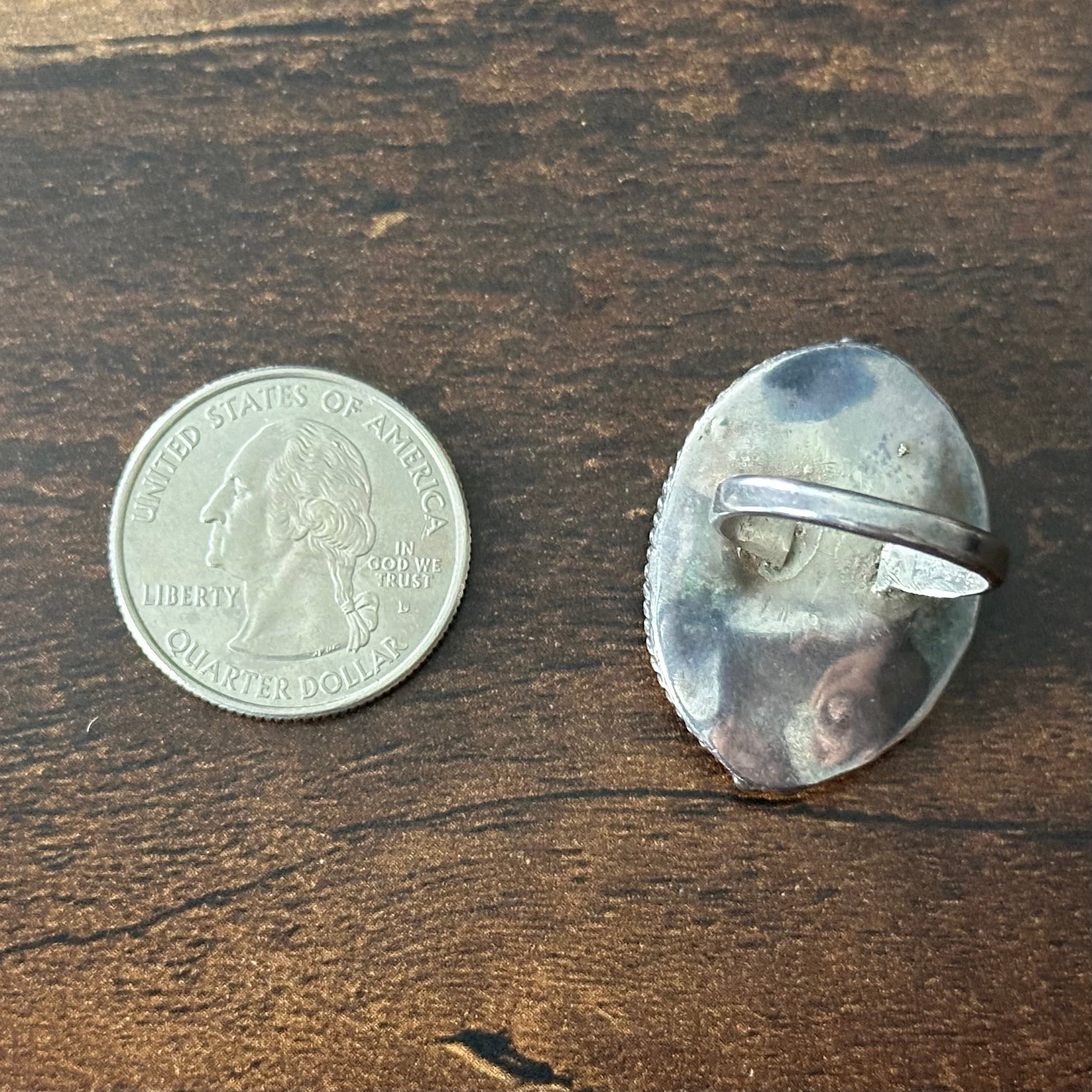 Vintage Mother of Pearl Turquoise Abalone Sterling Twist Wire Bezel Yei Figure Inlay Ring