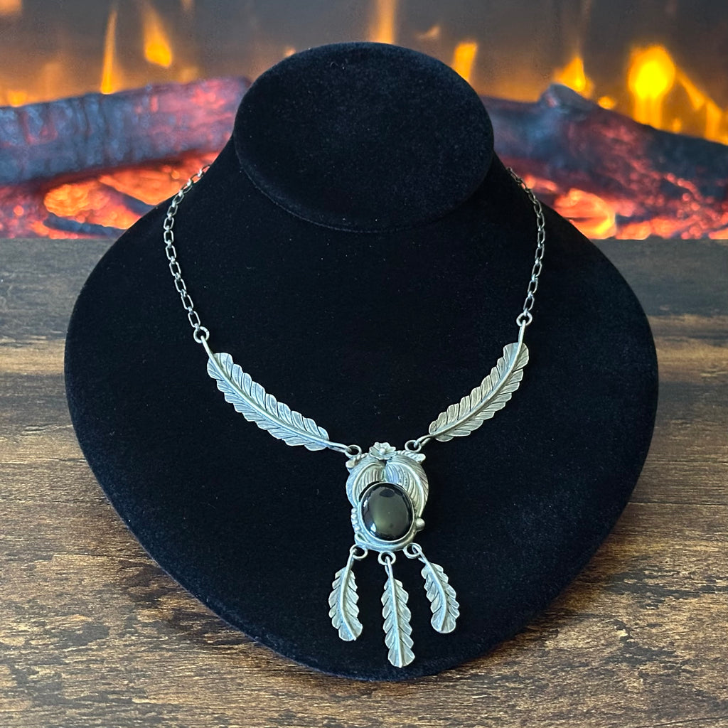 Vintage Onyx Sterling Floral Feather Necklace