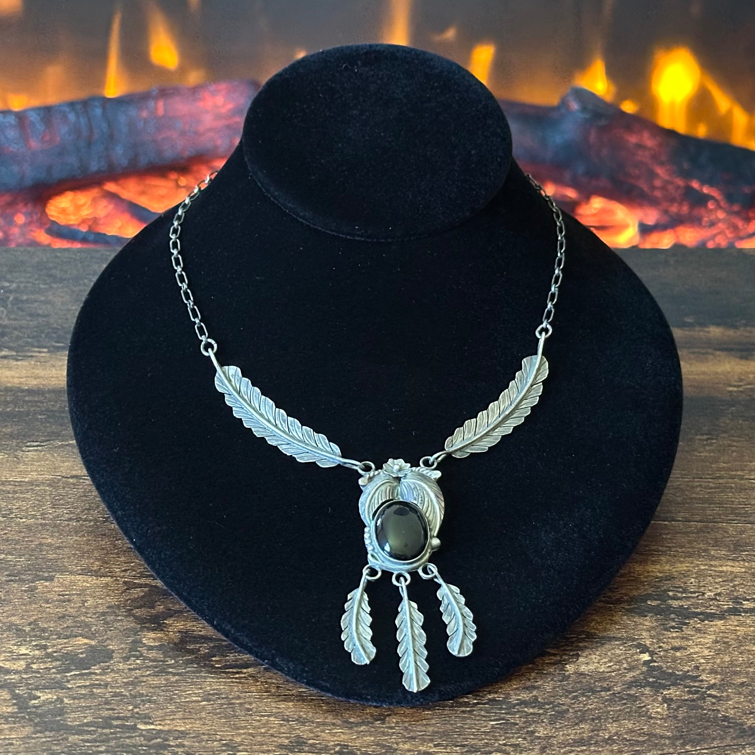 Vintage Onyx Sterling Floral Feather Necklace