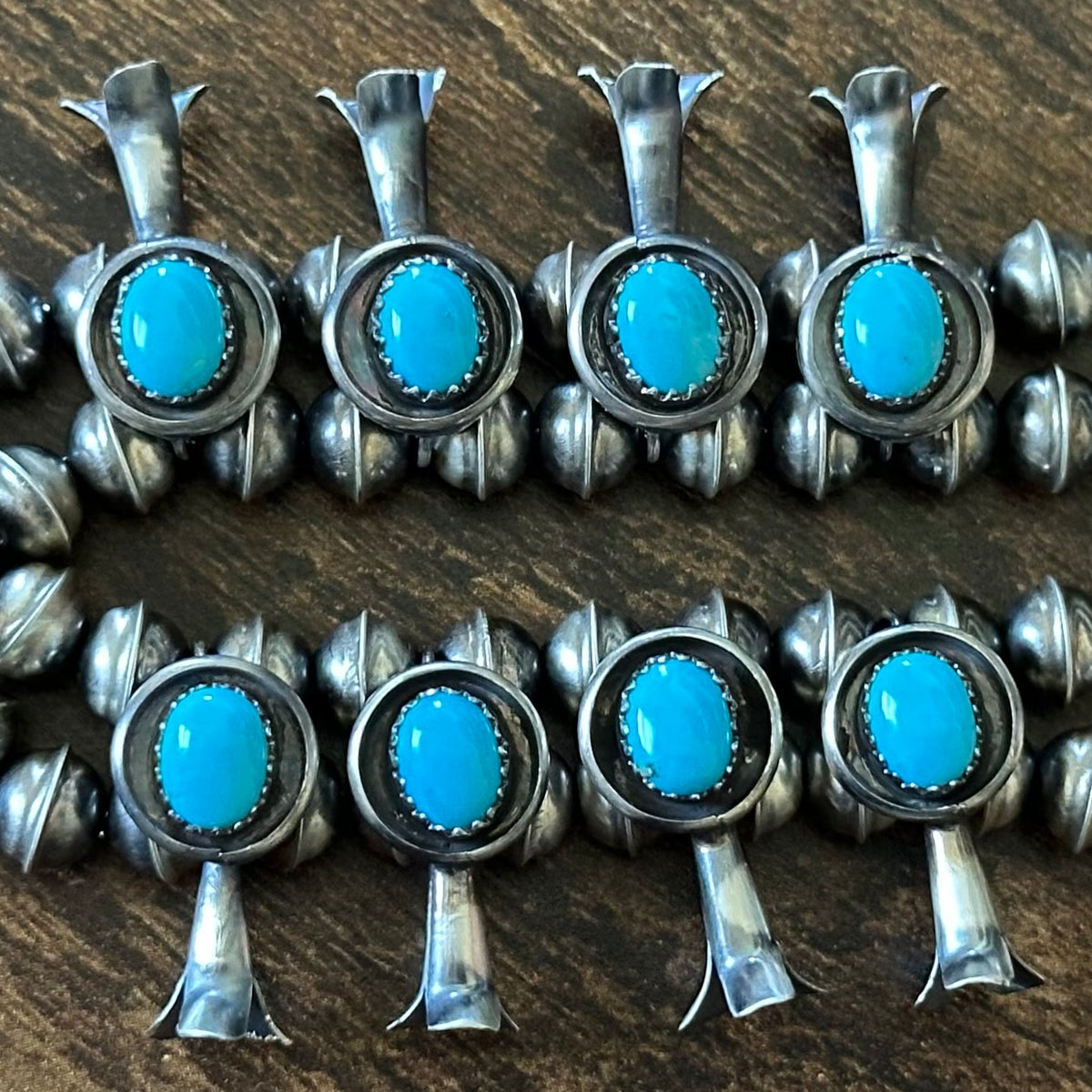 Navajo Phil & Lenora Garcia Sleeping Beauty Turquoise 13 Stone Sterling Oxidized Squash Blossom Necklace Earrings Set