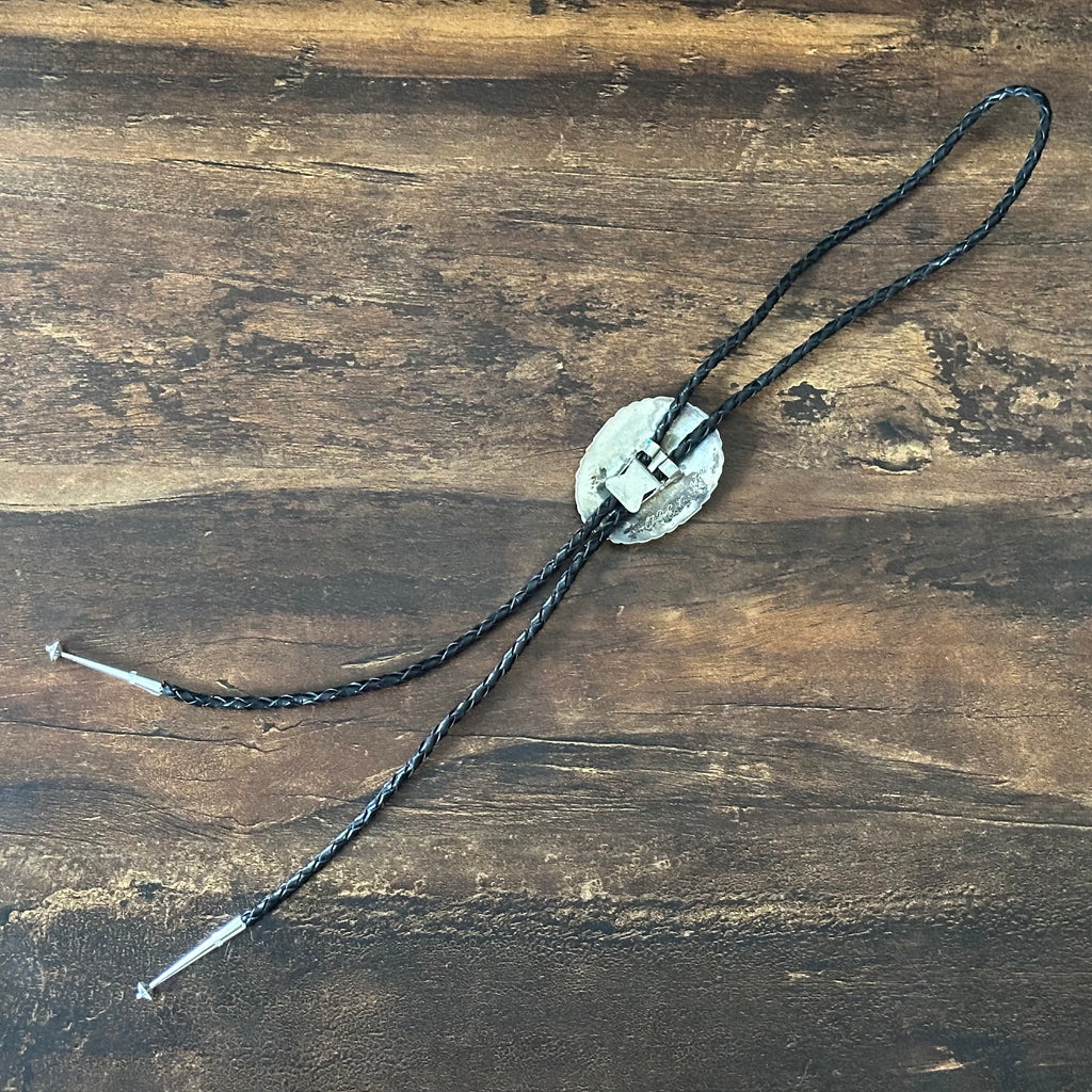 J.R. Estes Signed Turquoise Red Coral Gold Over Sterling Ornate Bolo Tie