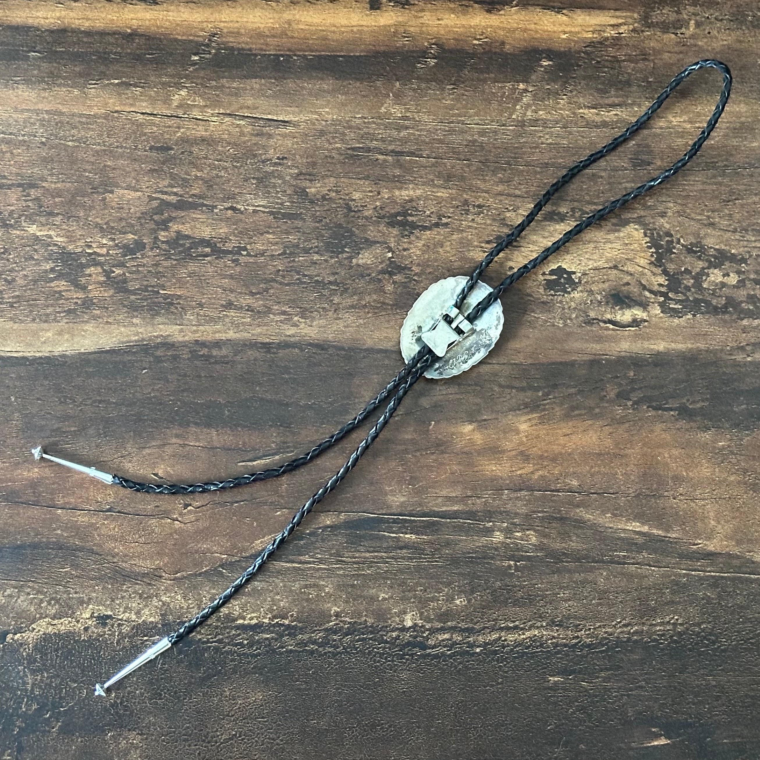 J.R. Estes Signed Turquoise Red Coral Gold Over Sterling Ornate Bolo Tie