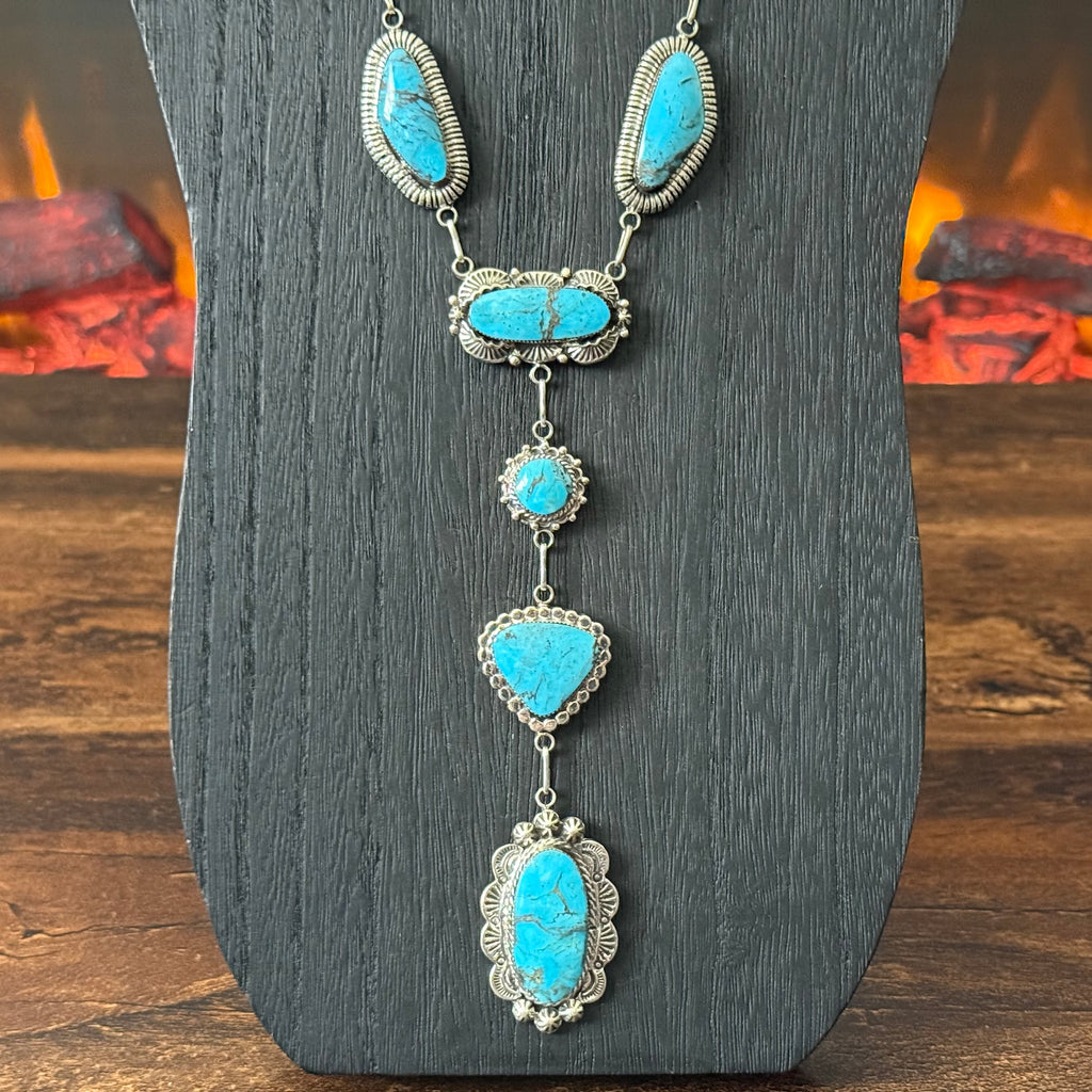 Running Bear Trading Turquoise 10 Stone Sterling Hand Stamped Twist Wire Bezel Lariat