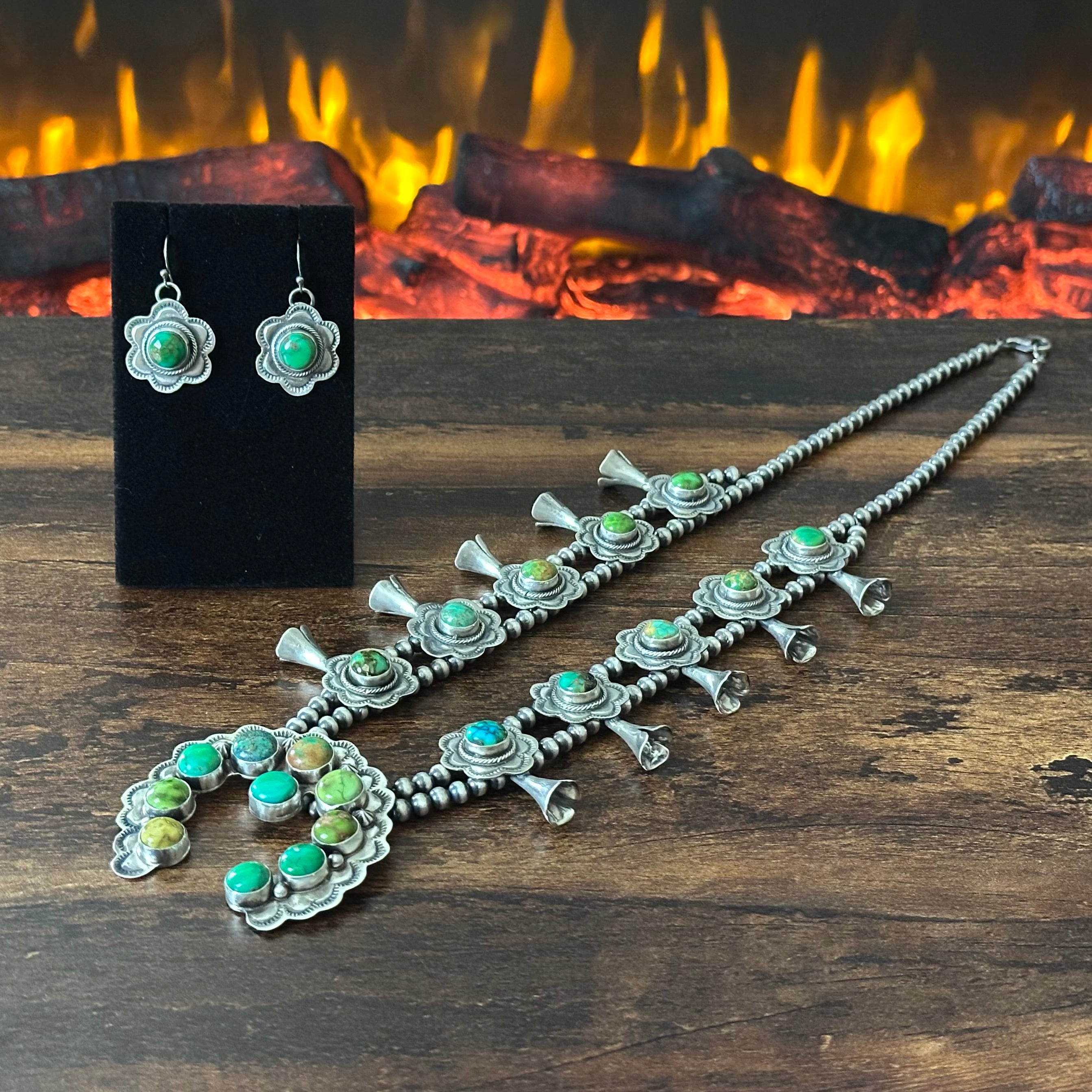 Navajo Danny Henio Sonoran Gold 20 Stone Hand Stamped Squash Blossom Earrings Set