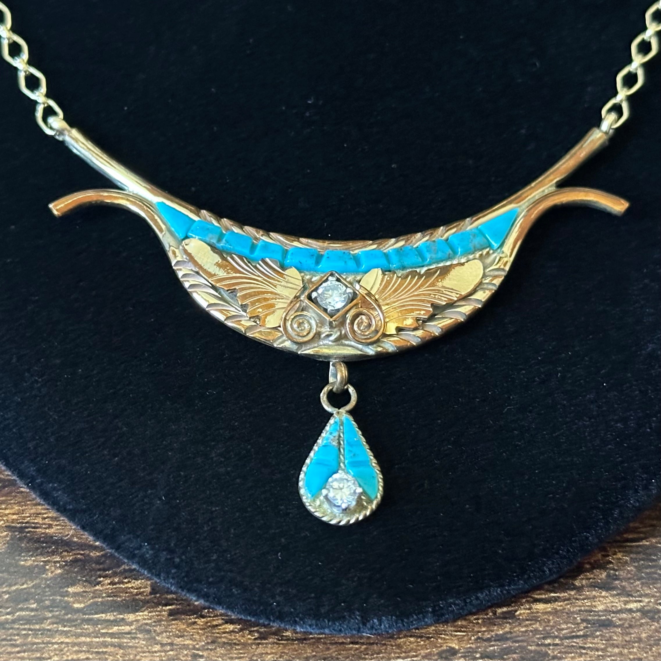 Silver Ray Turquoise Gold Over Sterling Ornate Inlay Necklace Earrings Set